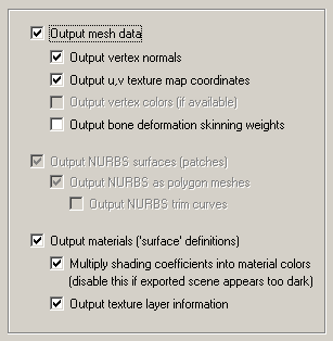 This panel controls the output of geometric items (meshes and trimmed NURBS), materials and texture definitions.